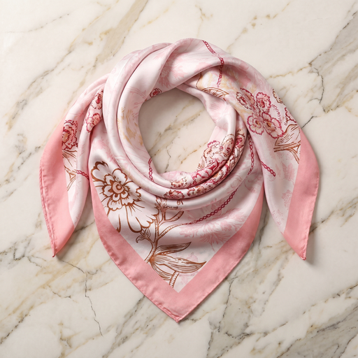 Roselys Paris foulard femme rose crème fleuri carré satiné 70x70 cm