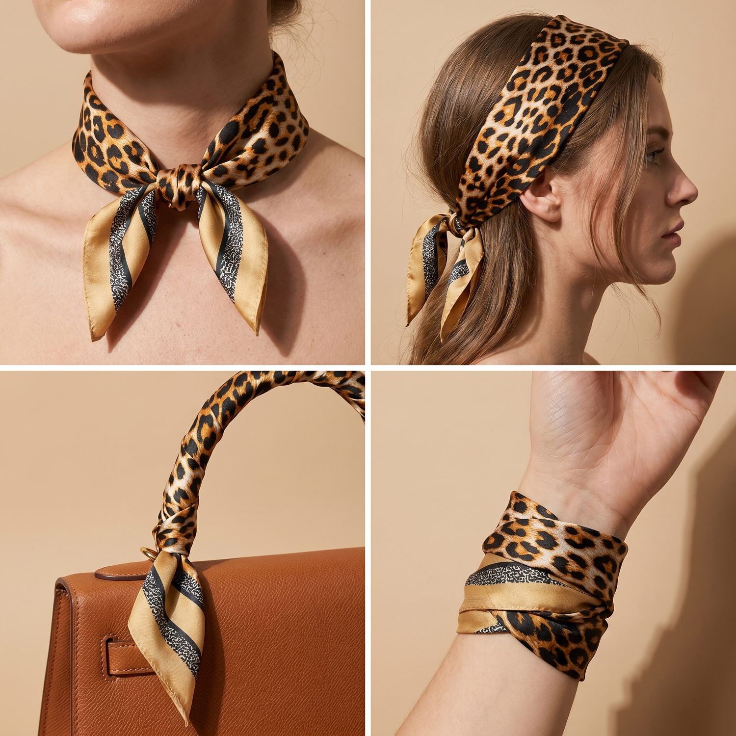 Roselys Paris foulard femme marron marine animalier carré satiné 70x70 cm, en bandeau dans les cheveux