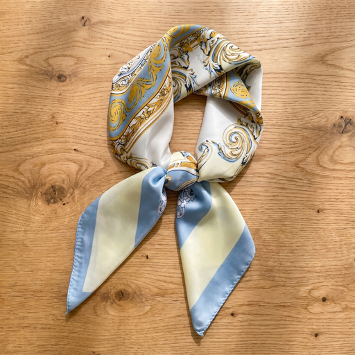 Roselys Paris foulard femme crème bleu baroque carré satiné 70x70 cm