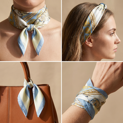 Roselys Paris foulard femme crème bleu baroque carré satiné 70x70 cm, en bandeau dans les cheveux