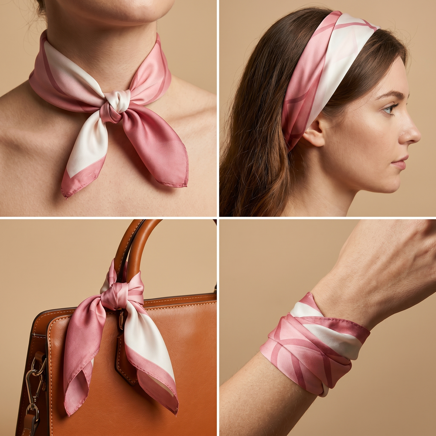 Roselys Paris foulard femme rose crème fleuri carré satiné 70x70 cm, en bandeau dans les cheveux