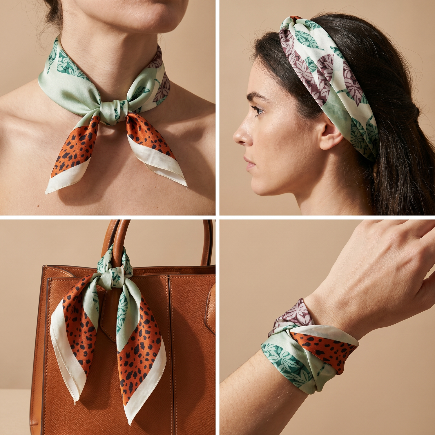 Roselys Paris foulard femme vert crème fleuri carré satiné 70x70 cm, en bandeau dans les cheveux
