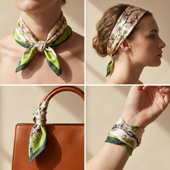 Roselys Paris foulard femme crème vert fleuri carré satiné 70x70 cm, en bandeau dans les cheveux