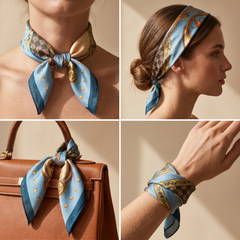 Roselys Paris foulard femme bleu ciel doré baroque carré satiné 70x70 cm, en bandeau dans les cheveux