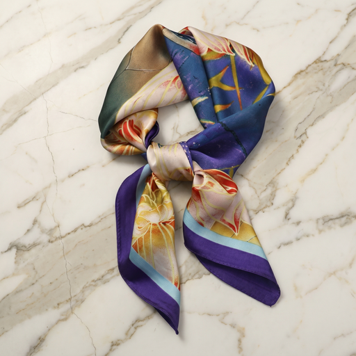 Roselys Paris foulard femme marine violet baroque carré satiné 70x70 cm