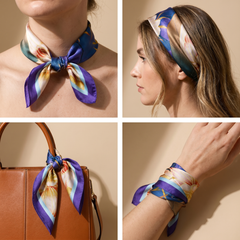 Roselys Paris foulard femme marine violet baroque carré satiné 70x70 cm, en bandeau dans les cheveux