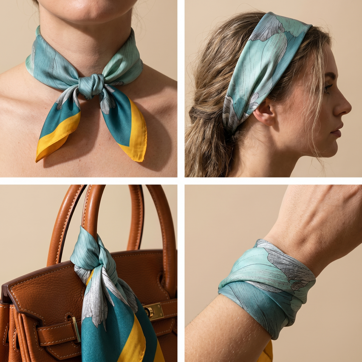 Roselys Paris foulard femme turquoise jaune fleuri carré satiné 70x70 cm, en bandeau dans les cheveux