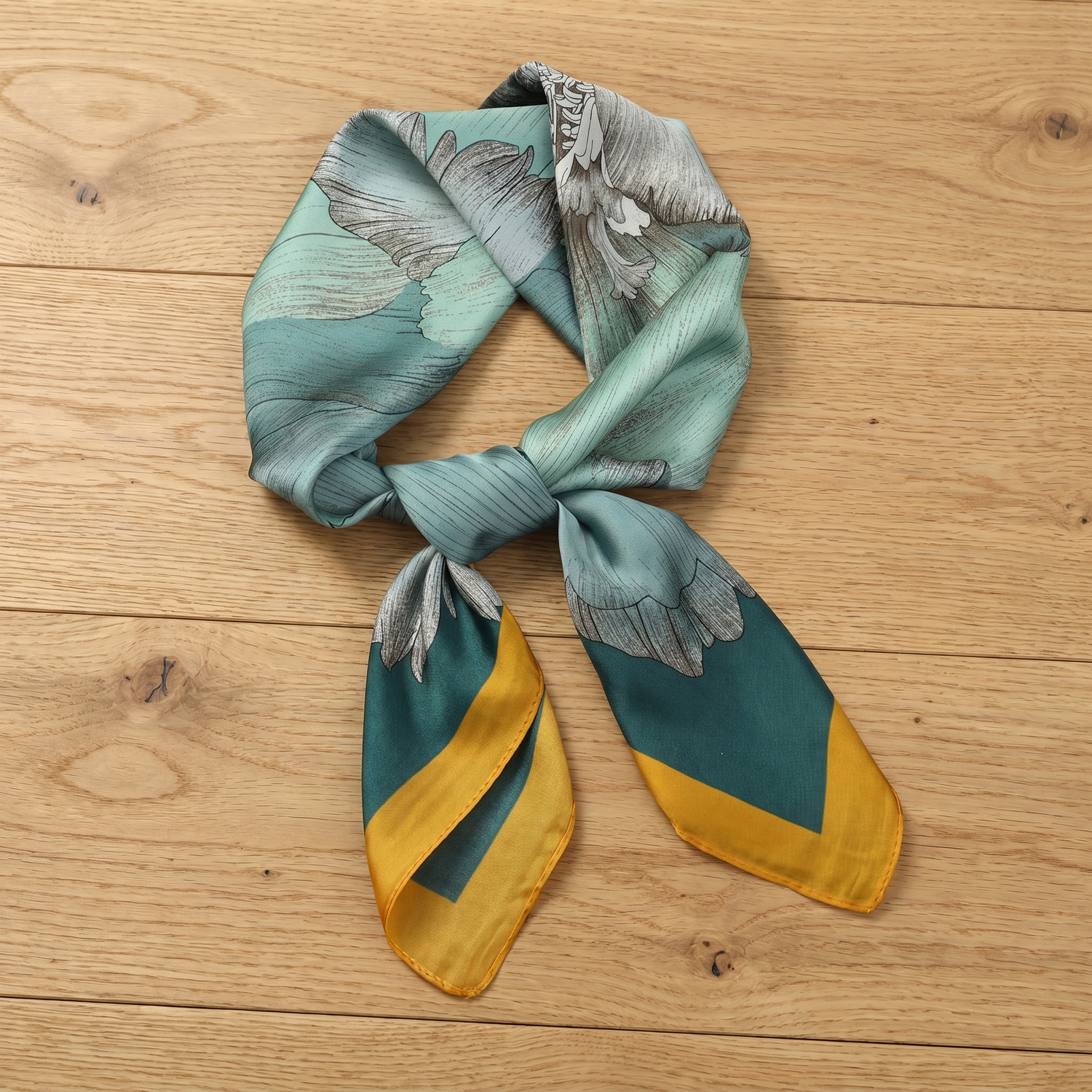 Roselys Paris foulard femme turquoise jaune fleuri carré satiné 70x70 cm