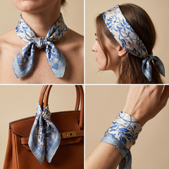Roselys Paris foulard femme bleu blanc fleuri carré satiné 70x70 cm, en bandeau dans les cheveux