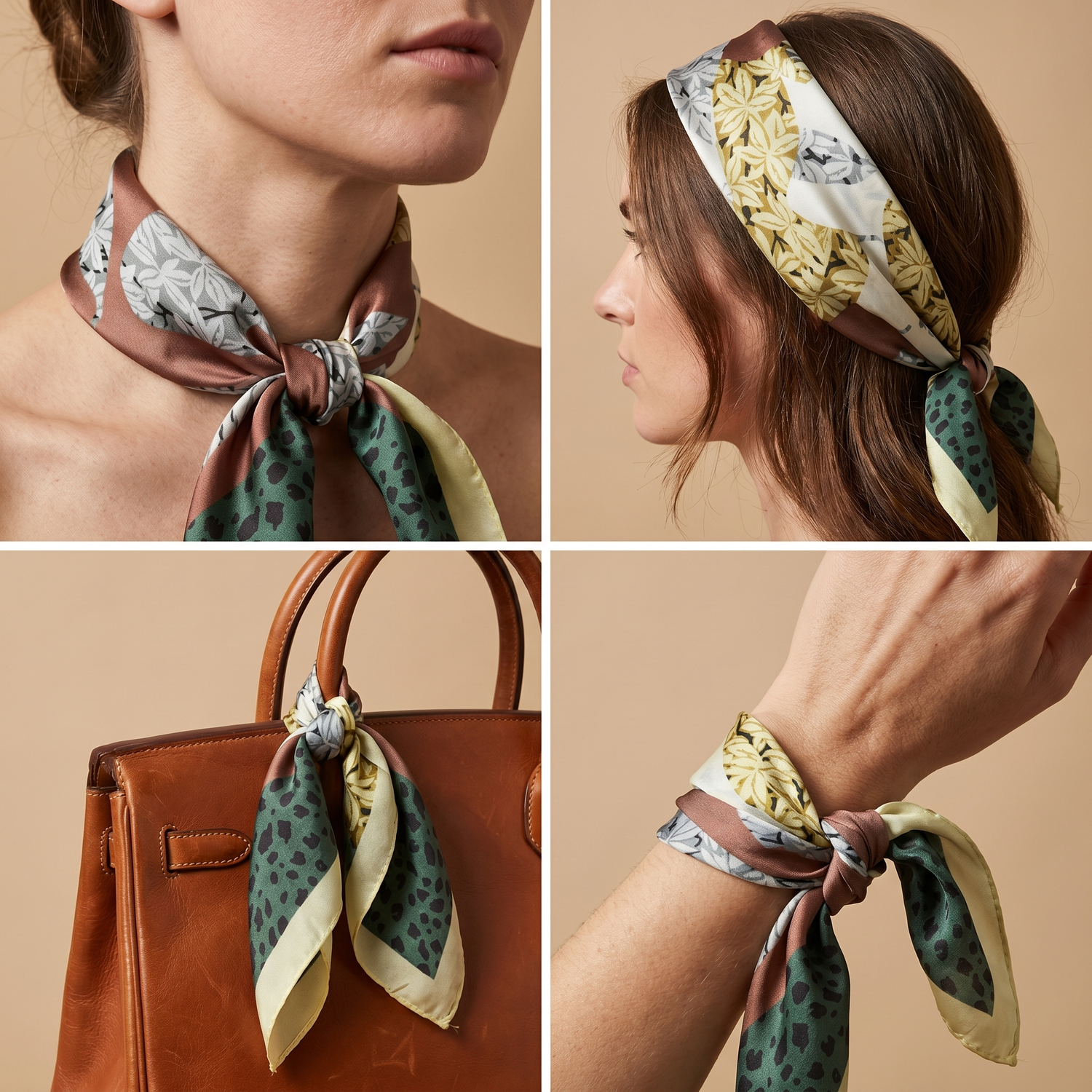 Roselys Paris foulard femme vert crème fleuri carré satiné 70x70 cm, en bandeau dans les cheveux