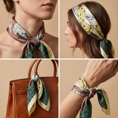 Roselys Paris foulard femme vert crème fleuri carré satiné 70x70 cm, en bandeau dans les cheveux