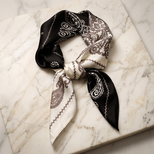 Roselys Paris foulard femme noir blanc paisley carré satiné 70x70 cm