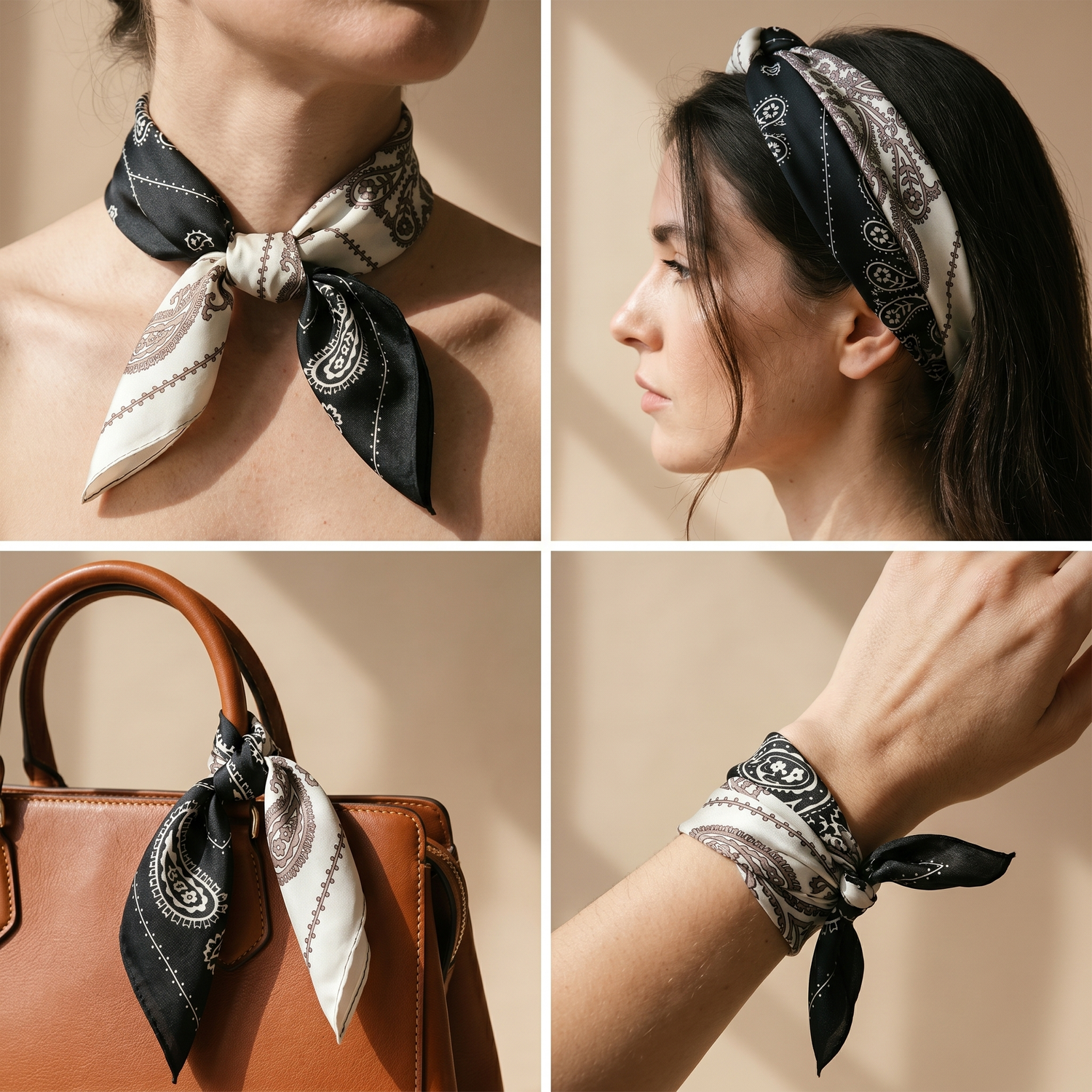 Roselys Paris foulard femme noir blanc paisley carré satiné 70x70 cm, en bandeau dans les cheveux