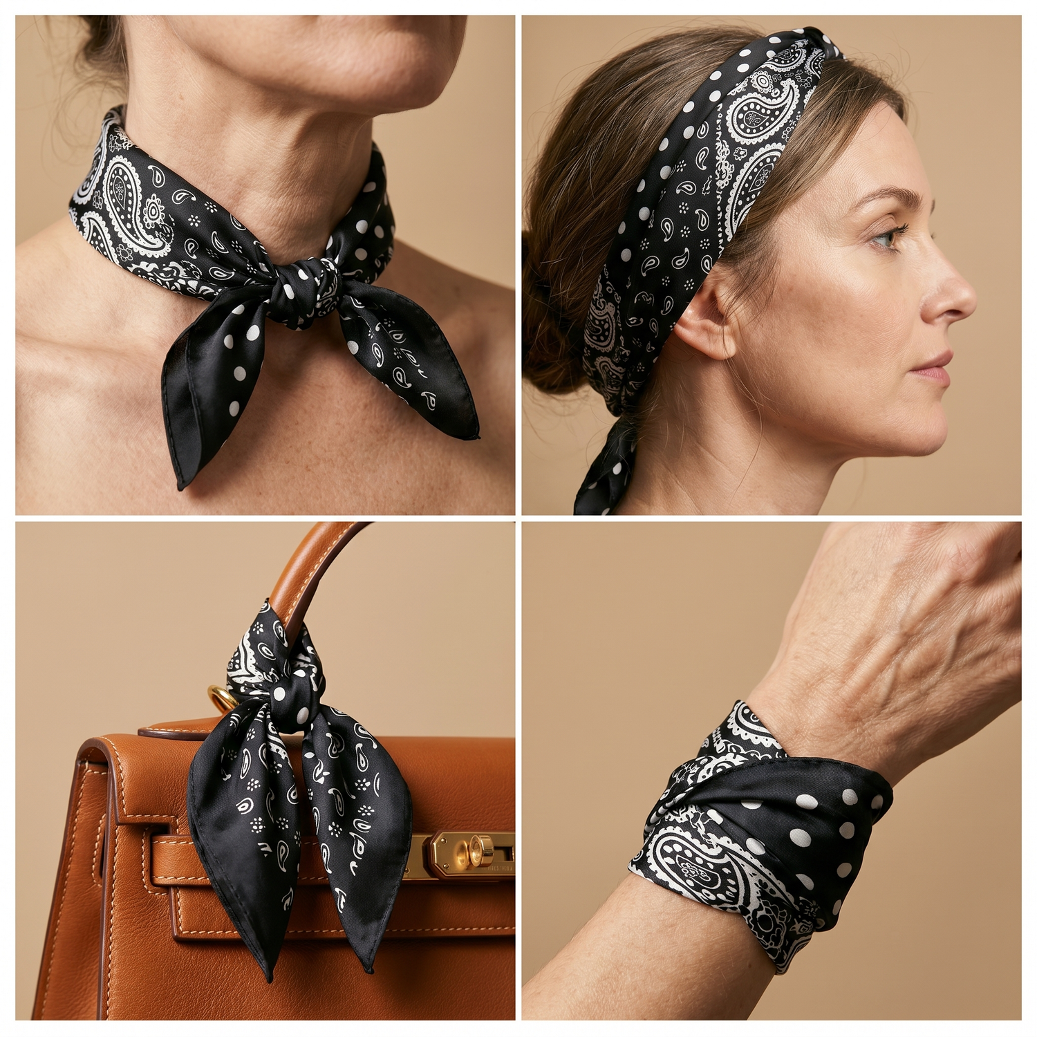 Roselys Paris foulard femme noir blanc paisley carré satiné 70x70 cm, en bandeau dans les cheveux