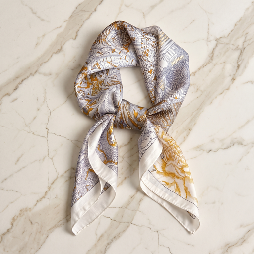 Roselys Paris foulard femme crème doré fleuri carré satiné 70x70 cm