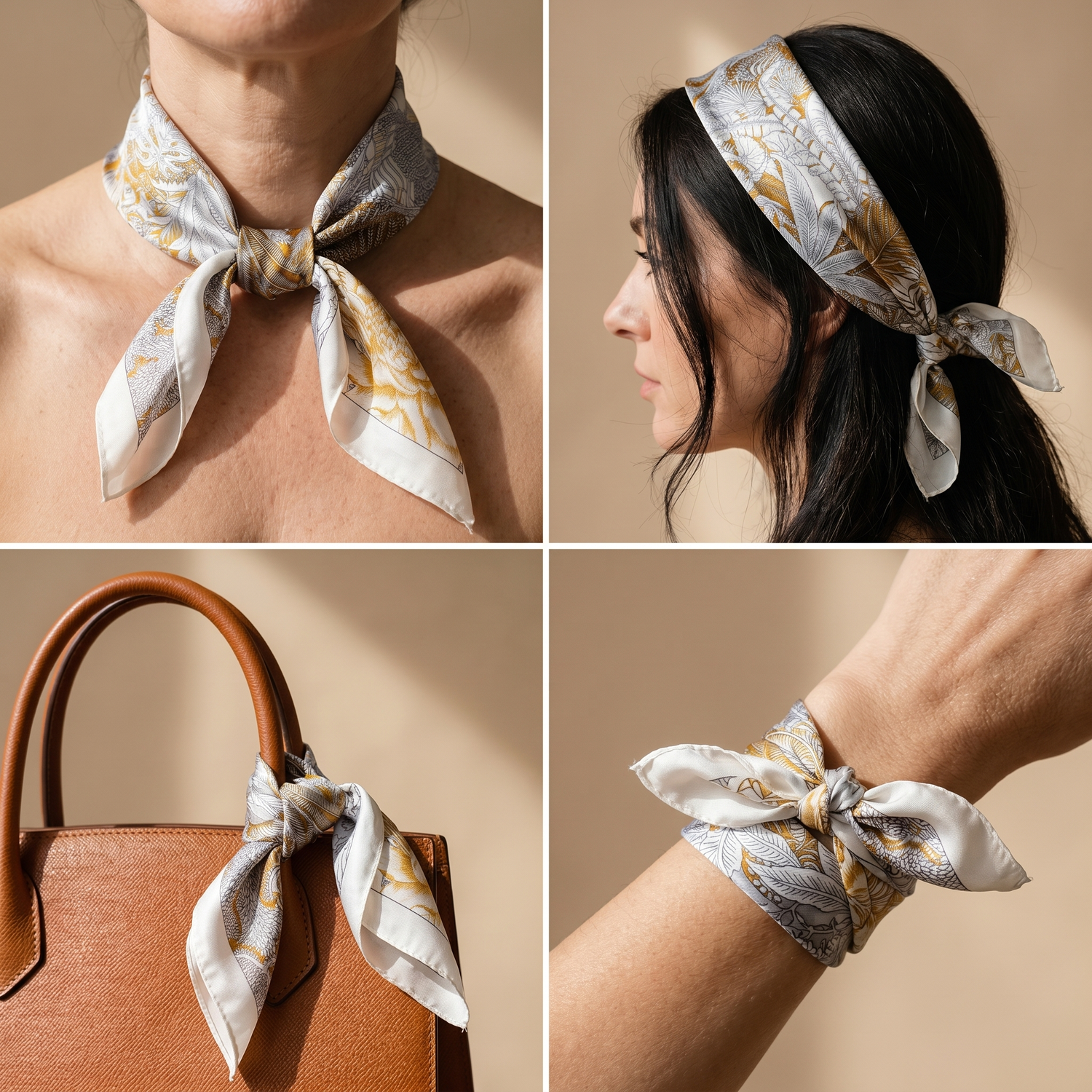 Roselys Paris foulard femme crème doré fleuri carré satiné 70x70 cm, en bandeau dans les cheveux