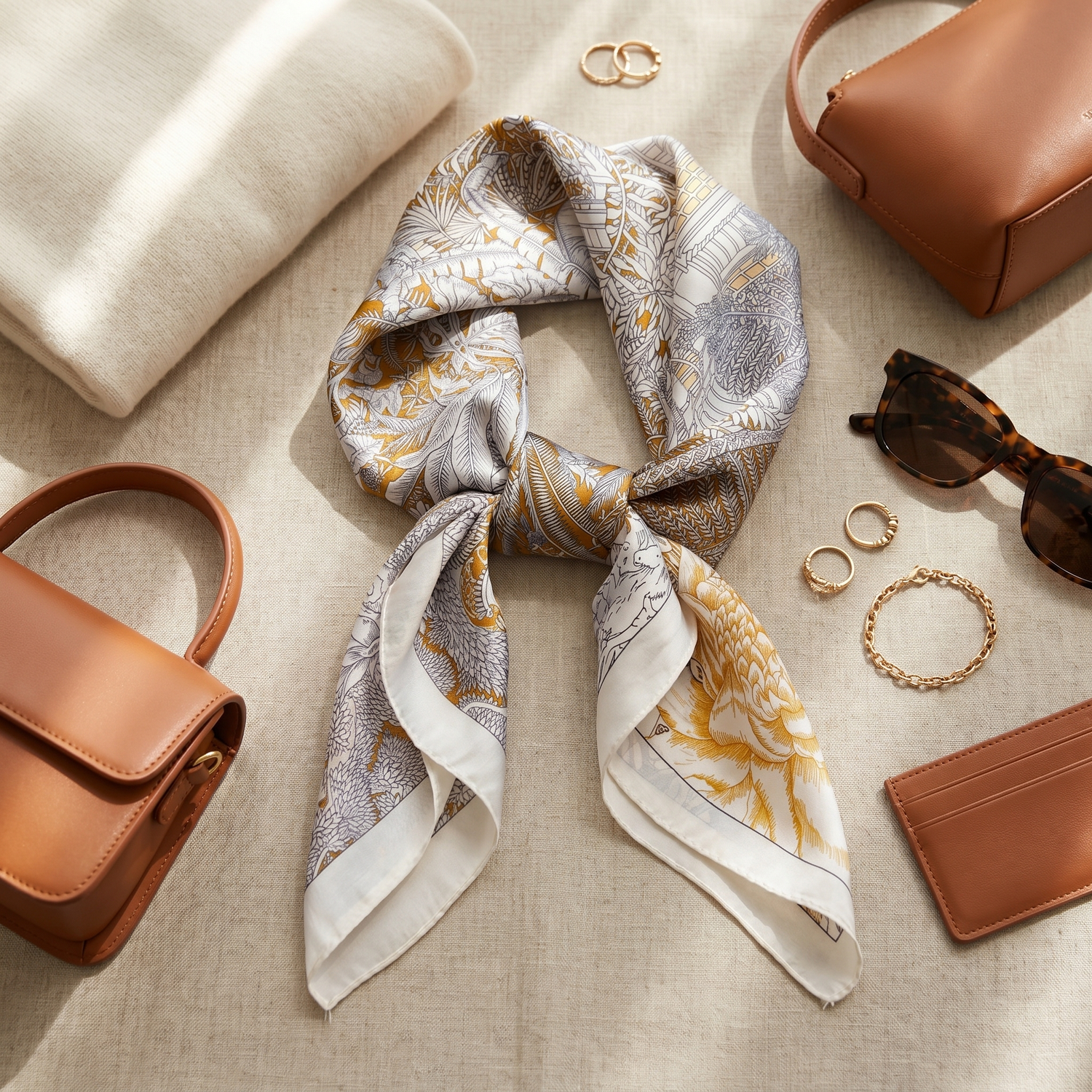 Roselys Paris foulard femme crème doré fleuri carré satiné 70x70 cm, porté au cou