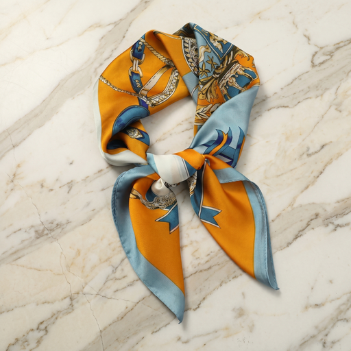 Roselys Paris foulard femme bleu doré baroque carré satiné 70x70 cm