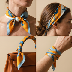 Roselys Paris foulard femme bleu doré baroque carré satiné 70x70 cm, en bandeau dans les cheveux