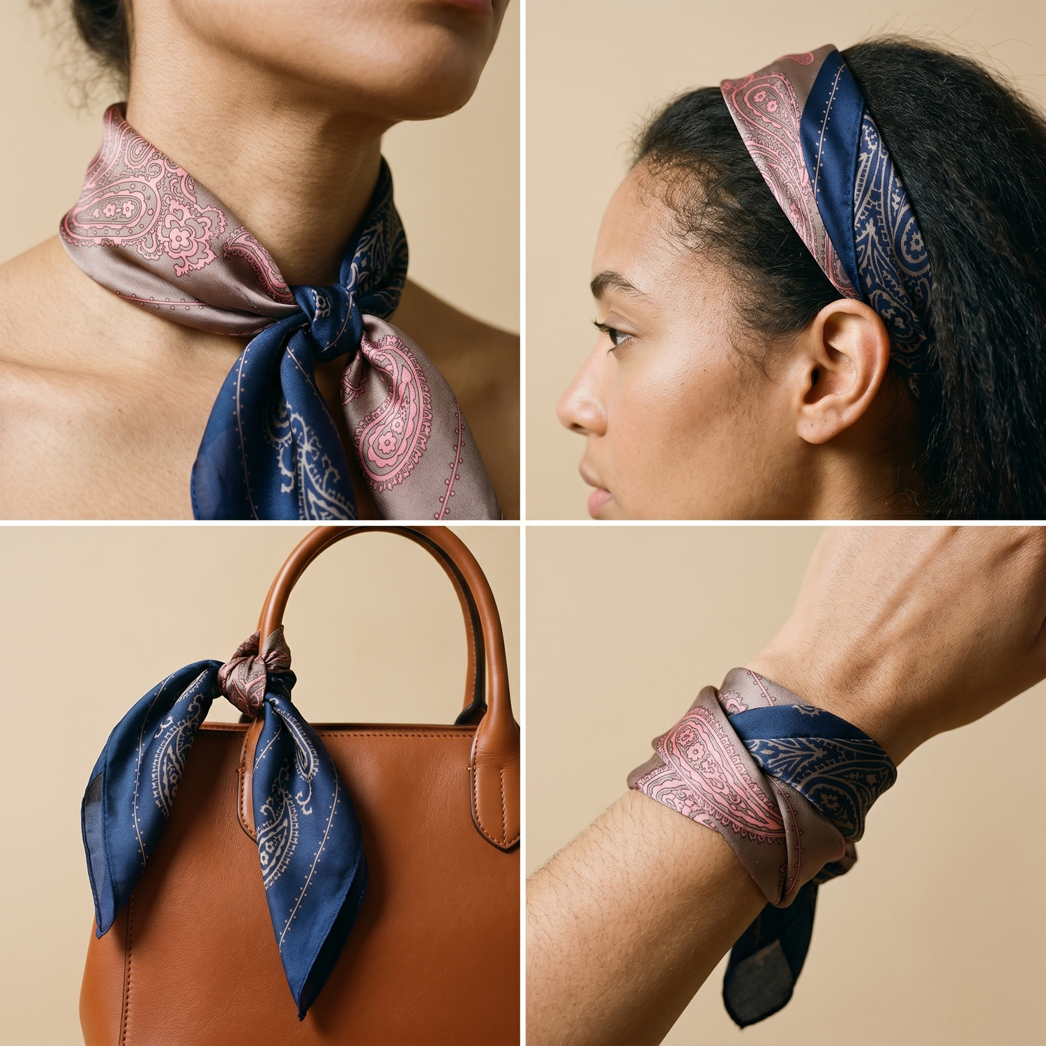 Roselys Paris foulard femme rose marine paisley carré satiné 70x70 cm, en bandeau dans les cheveux