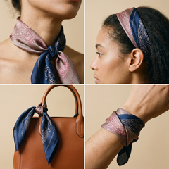Roselys Paris foulard femme rose marine paisley carré satiné 70x70 cm, en bandeau dans les cheveux