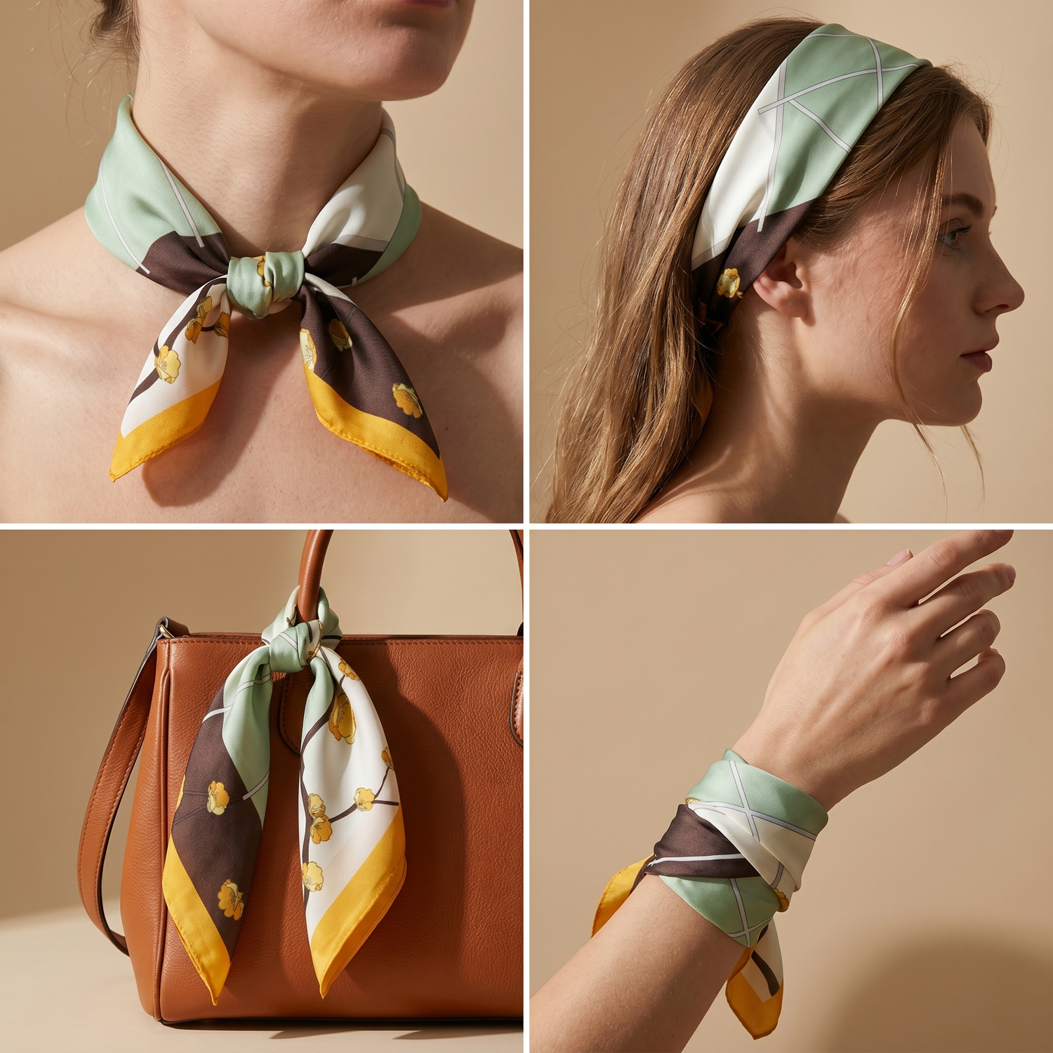 Roselys Paris foulard femme vert marron abstrait carré satiné 70x70 cm, en bandeau dans les cheveux