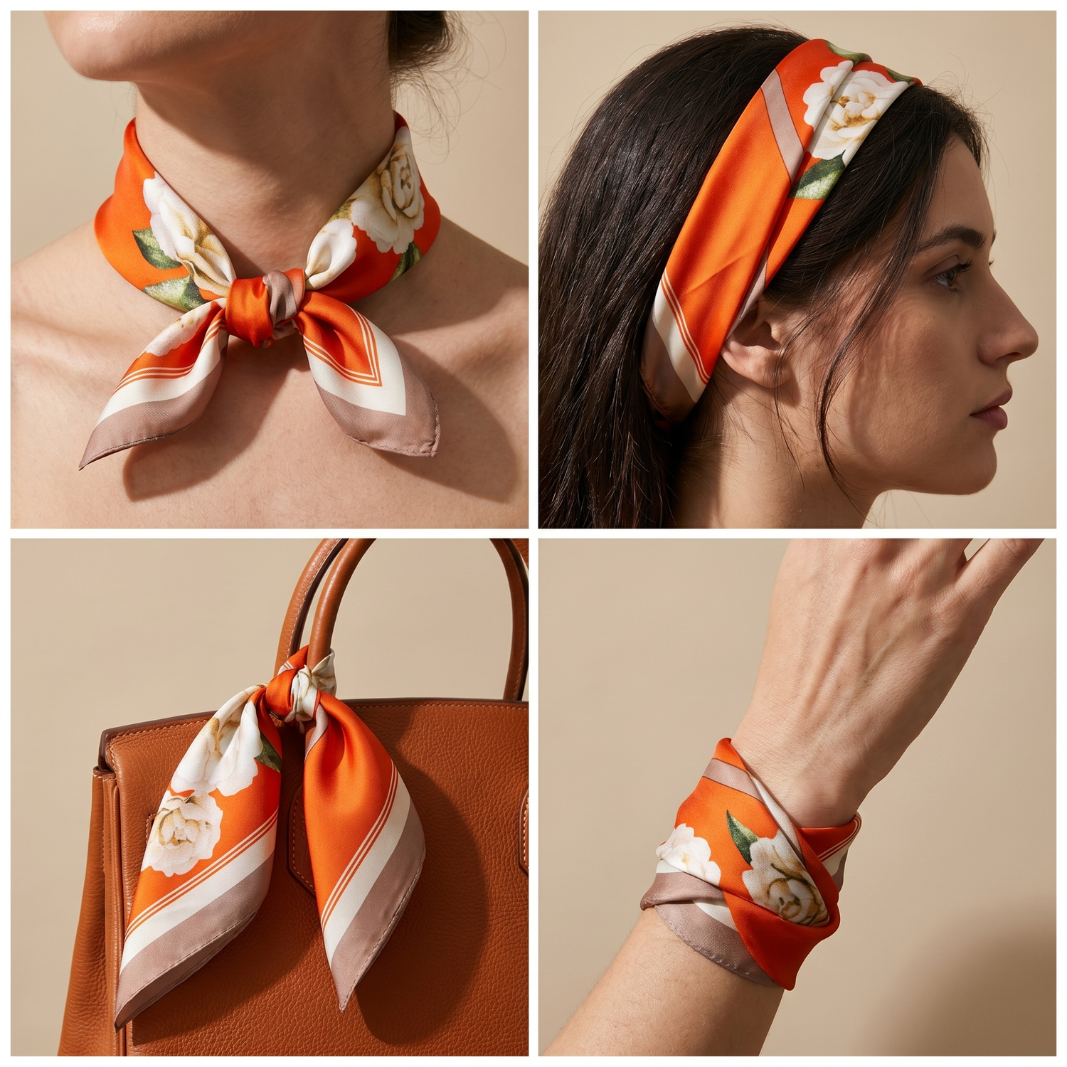 Roselys Paris foulard femme orange crème abstrait carré satiné 70x70 cm, en bandeau dans les cheveux