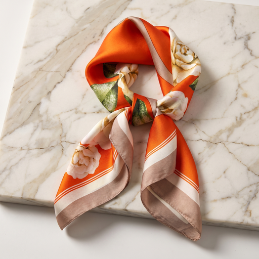 Roselys Paris foulard femme orange crème abstrait carré satiné 70x70 cm