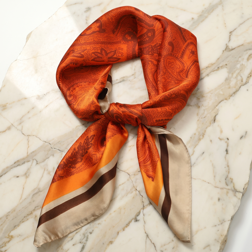 Roselys Paris foulard femme orange noir abstrait carré satiné 70x70 cm