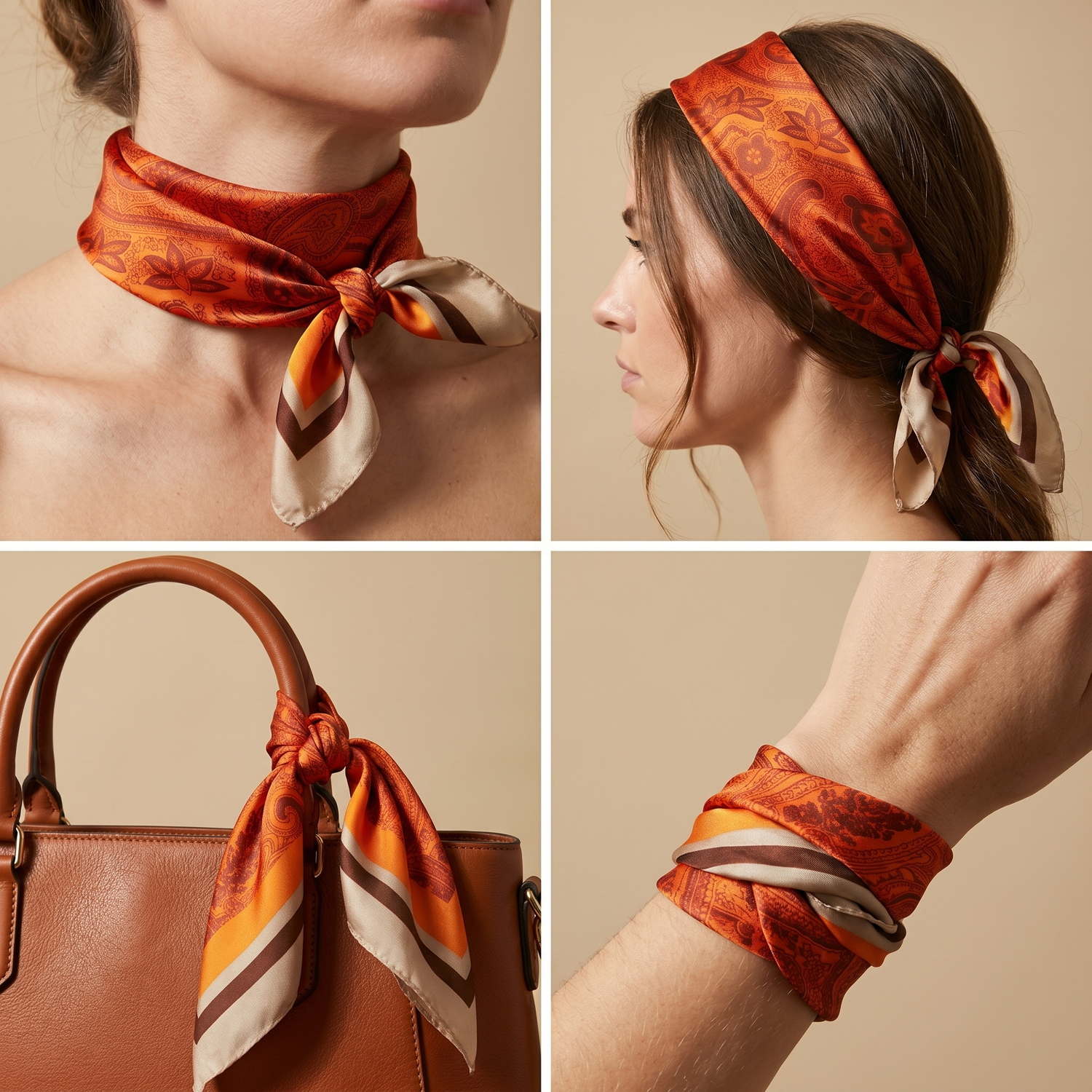 Roselys Paris foulard femme orange noir abstrait carré satiné 70x70 cm, en bandeau dans les cheveux