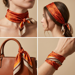Roselys Paris foulard femme orange noir abstrait carré satiné 70x70 cm, en bandeau dans les cheveux