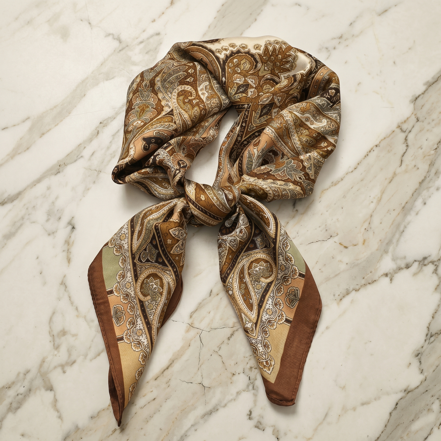 Roselys Paris foulard femme marron doré paisley carré satiné 70x70 cm