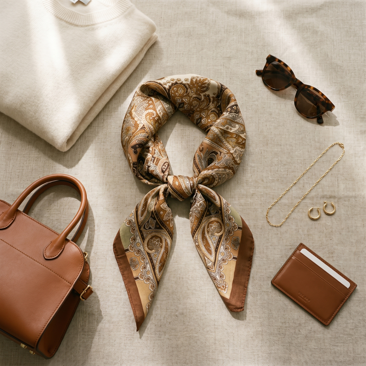 Roselys Paris foulard femme marron doré paisley carré satiné 70x70 cm, porté au cou