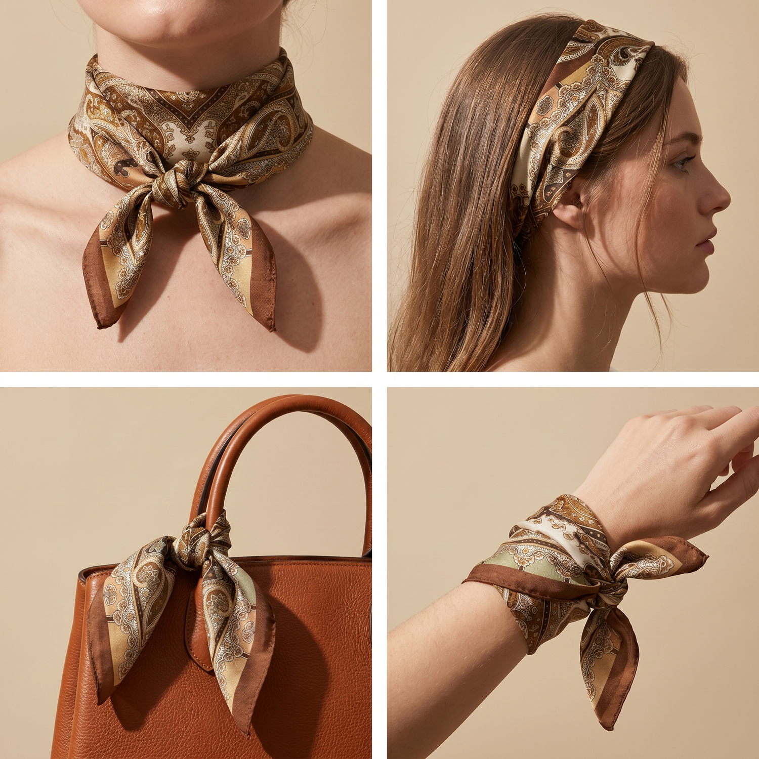 Roselys Paris foulard femme marron doré paisley carré satiné 70x70 cm, en bandeau dans les cheveux