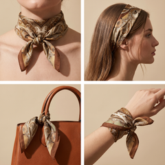 Roselys Paris foulard femme marron doré paisley carré satiné 70x70 cm, en bandeau dans les cheveux