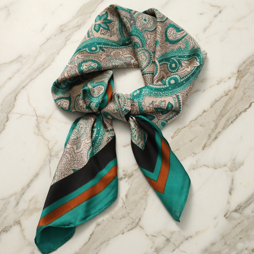 Roselys Paris foulard femme vert orange paisley carré satiné 70x70 cm