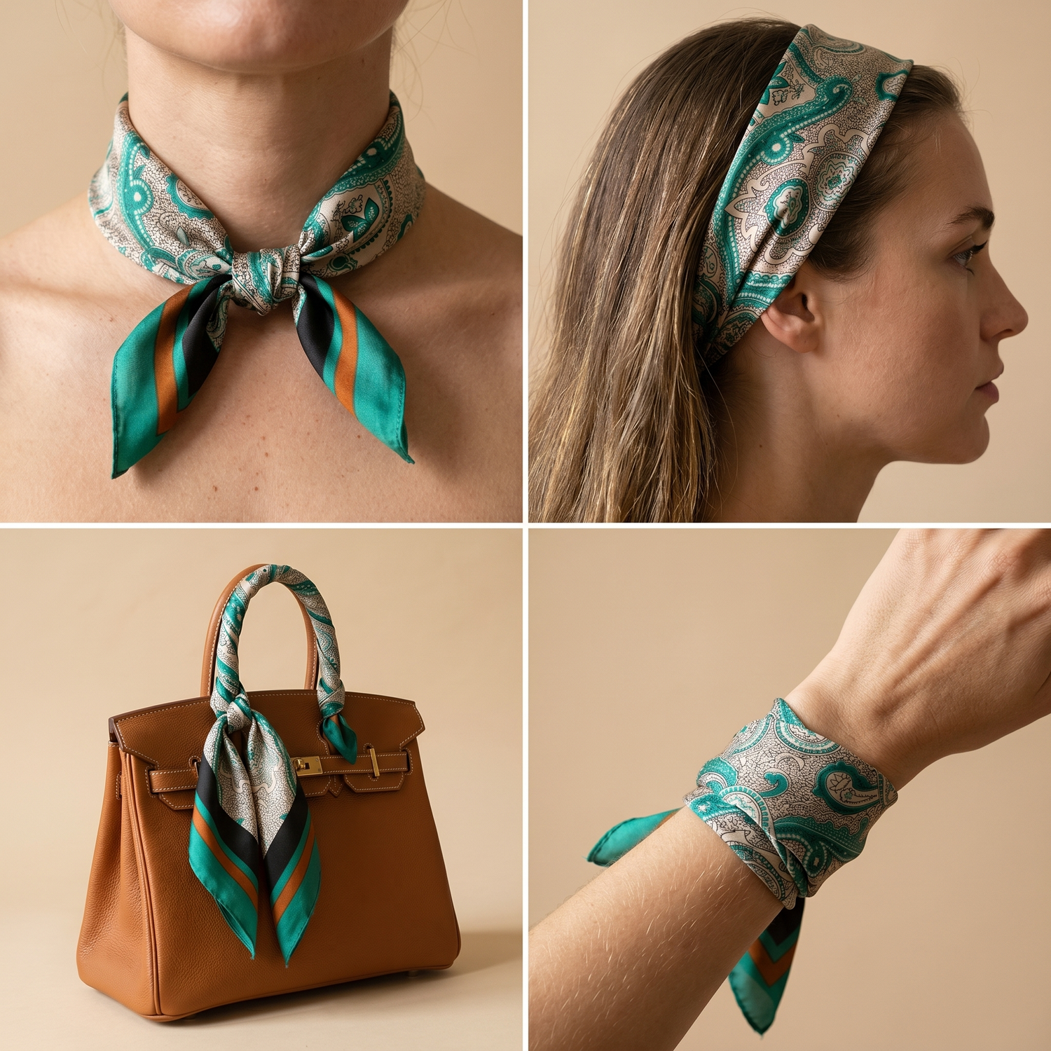 Roselys Paris foulard femme vert orange paisley carré satiné 70x70 cm, en bandeau dans les cheveux