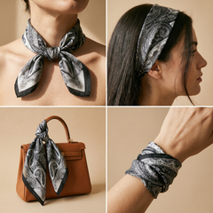 Roselys Paris foulard femme gris marine paisley carré satiné 70x70 cm, en bandeau dans les cheveux