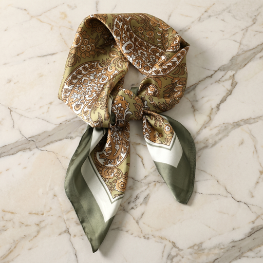Roselys Paris foulard femme doré vert animalier carré satiné 70x70 cm