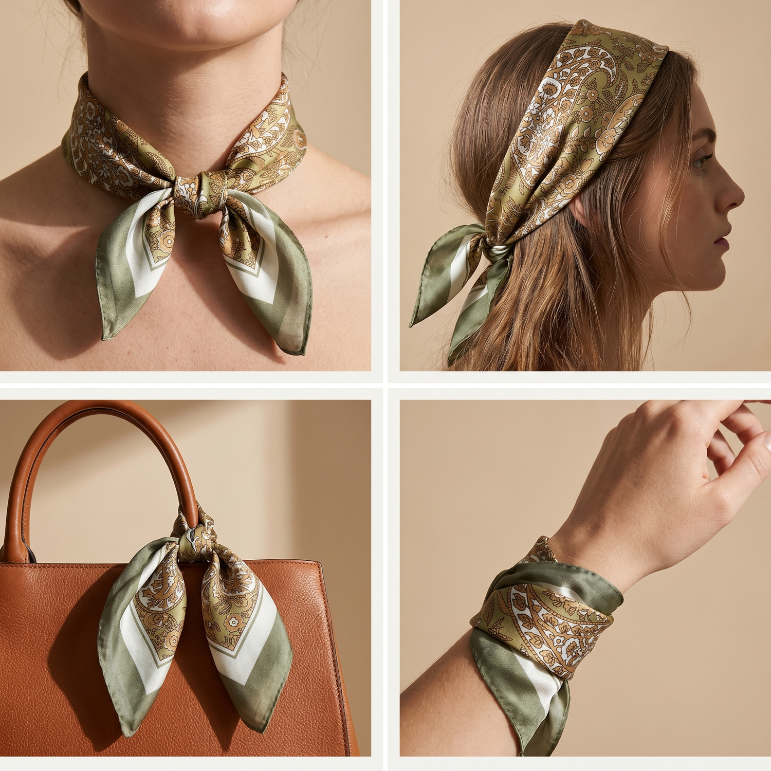 Roselys Paris foulard femme doré vert animalier carré satiné 70x70 cm, en bandeau dans les cheveux