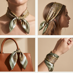 Roselys Paris foulard femme doré vert animalier carré satiné 70x70 cm, en bandeau dans les cheveux