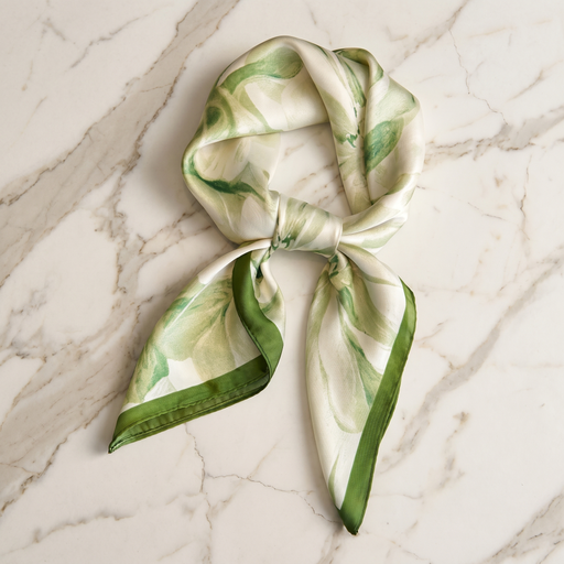 Roselys Paris foulard femme blanc vert fleuri carré satiné 70x70 cm