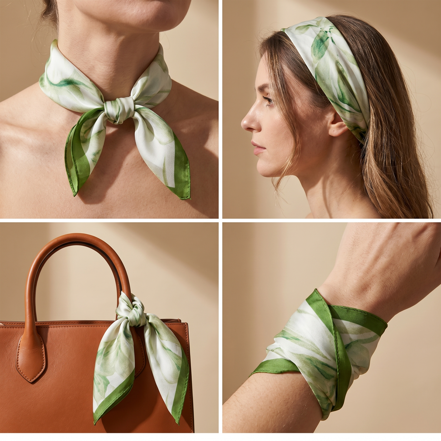 Roselys Paris foulard femme blanc vert fleuri carré satiné 70x70 cm, en bandeau dans les cheveux