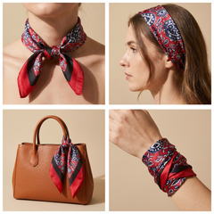Roselys Paris foulard femme rouge marine paisley carré satiné 70x70 cm, porté au cou