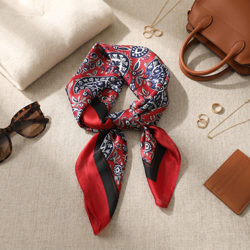 Roselys Paris foulard femme rouge marine paisley carré satiné 70x70 cm