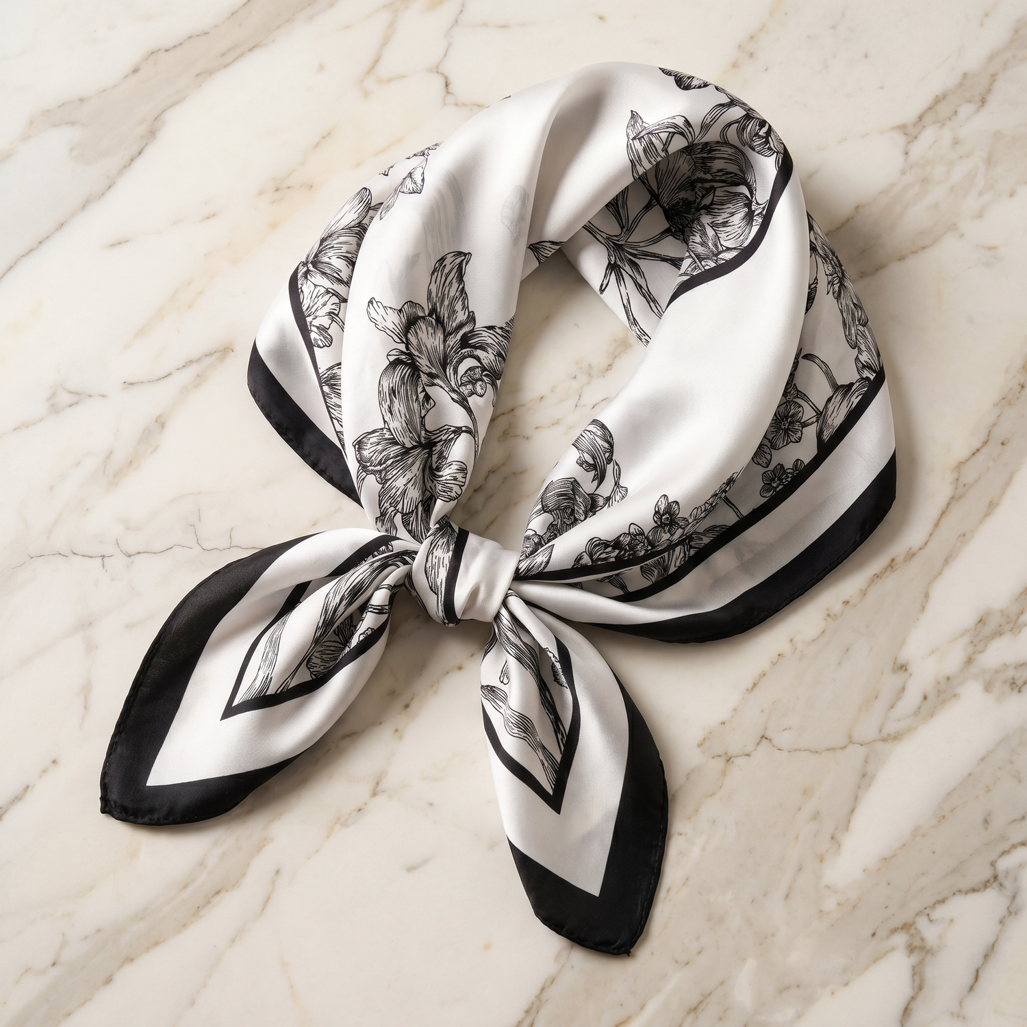 Roselys Paris foulard femme blanc noir baroque carré satiné 70x70 cm
