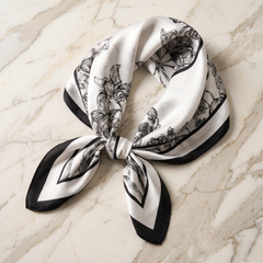 Roselys Paris foulard femme blanc noir baroque carré satiné 70x70 cm