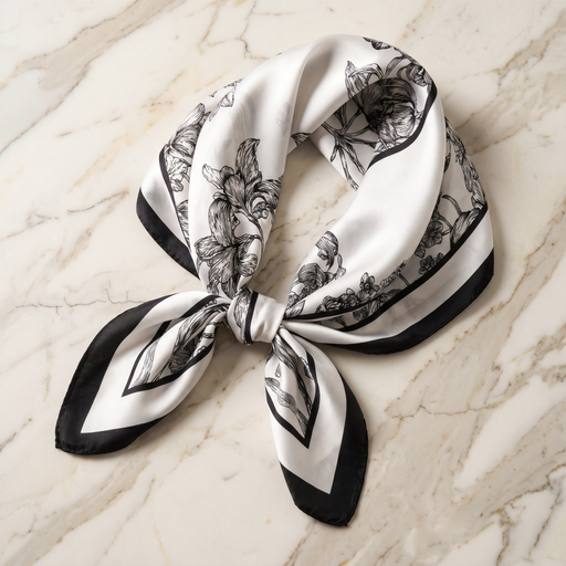 Roselys Paris foulard femme blanc noir baroque carré satiné 70x70 cm