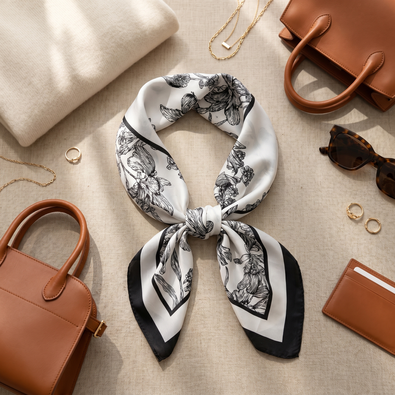 Roselys Paris foulard femme blanc noir baroque carré satiné 70x70 cm, porté au cou