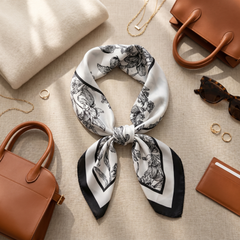 Roselys Paris foulard femme blanc noir baroque carré satiné 70x70 cm, porté au cou